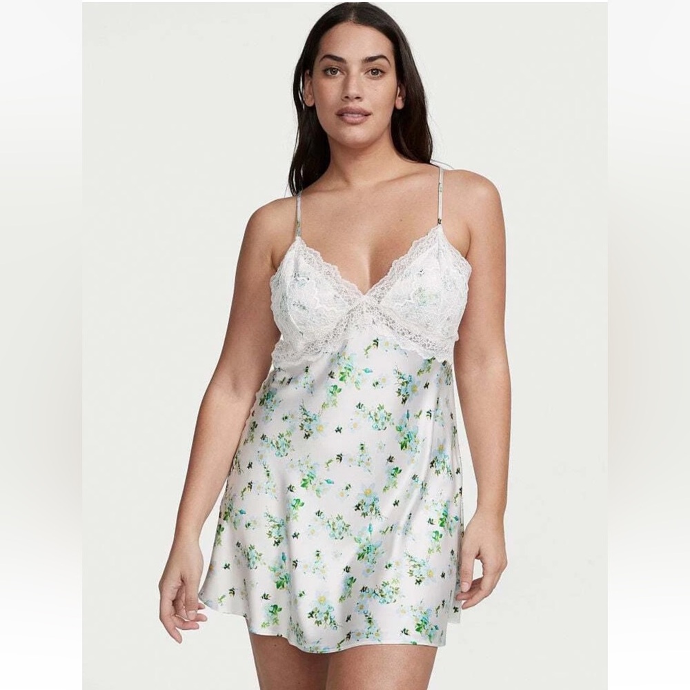 Victoria Secret satin stretch slip dress white floral